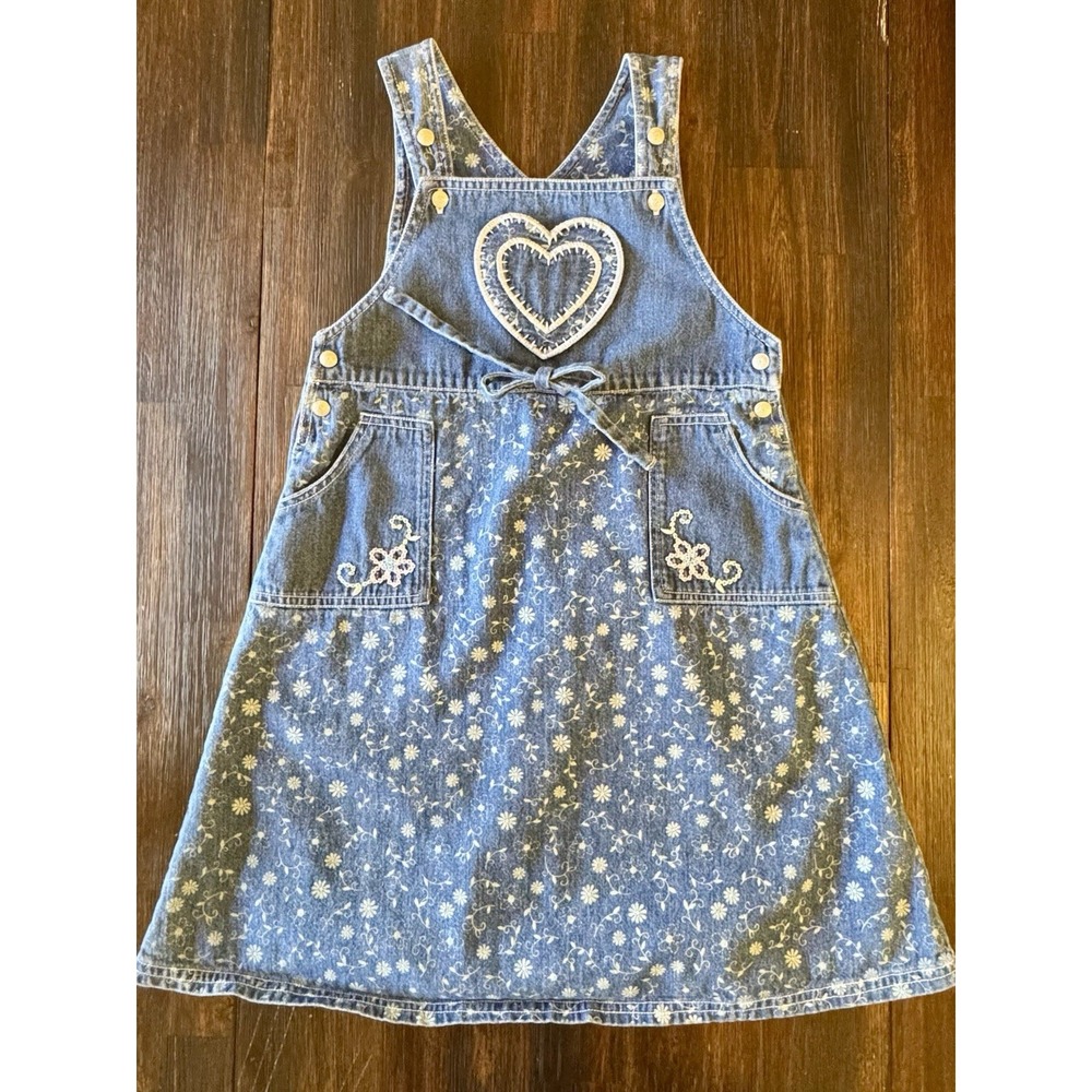 Eagles Eye Denim Floral Jumper Dress Girl 5 Heart Pocket Embroidered Cottage VTG